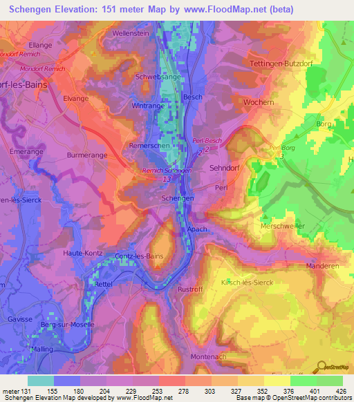 Schengen,Luxembourg Elevation Map
