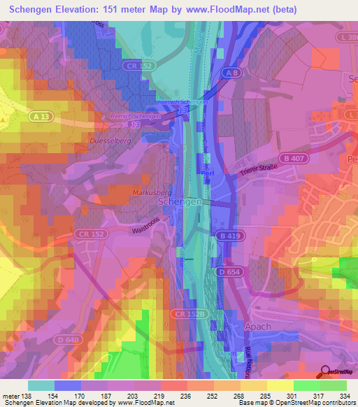 Schengen,Luxembourg Elevation Map