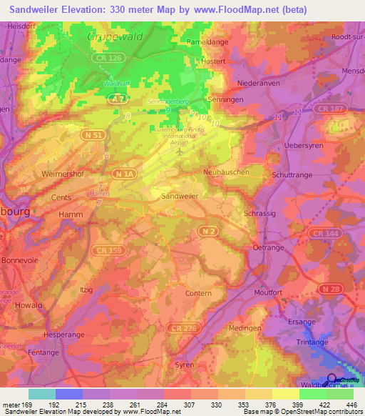Sandweiler,Luxembourg Elevation Map