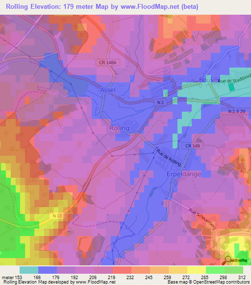 Rolling,Luxembourg Elevation Map