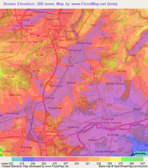 Roeser,Luxembourg Elevation Map
