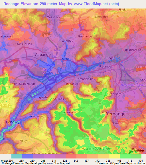 Rodange,Luxembourg Elevation Map
