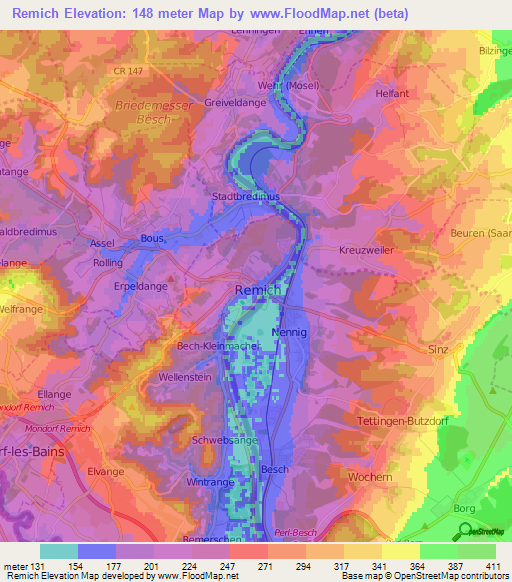 Remich,Luxembourg Elevation Map