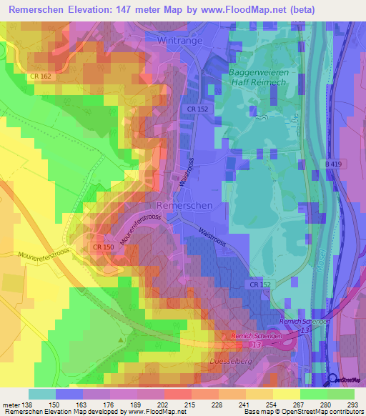 Remerschen,Luxembourg Elevation Map