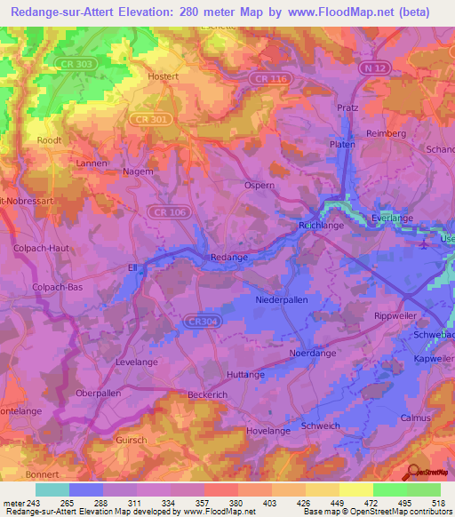 Redange-sur-Attert,Luxembourg Elevation Map