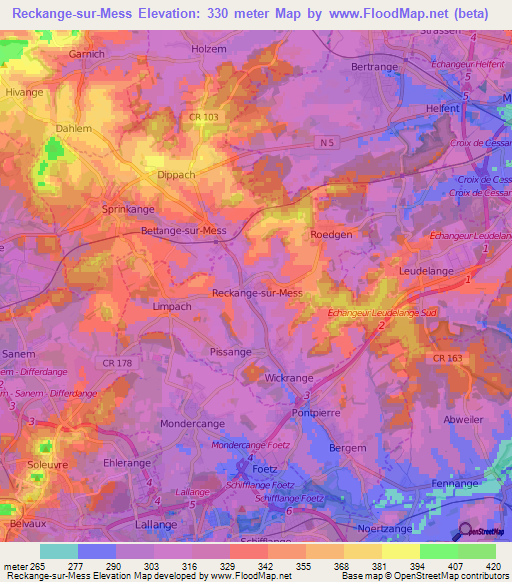 Reckange-sur-Mess,Luxembourg Elevation Map