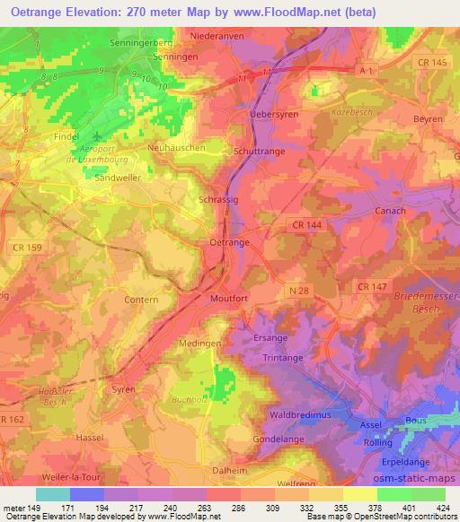 Oetrange,Luxembourg Elevation Map