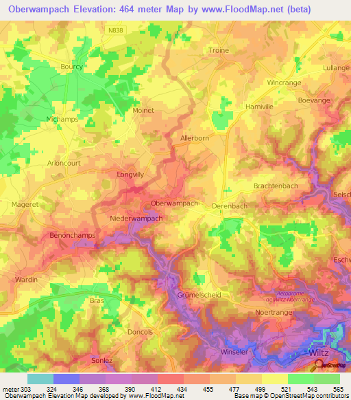 Oberwampach,Luxembourg Elevation Map