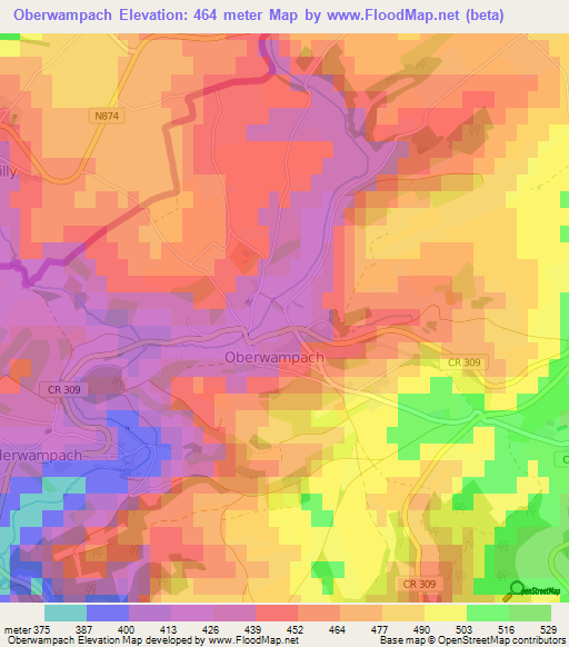 Oberwampach,Luxembourg Elevation Map