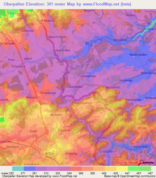 Oberpallen,Luxembourg Elevation Map