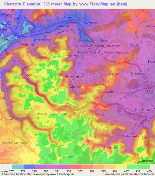 Obercorn,Luxembourg Elevation Map