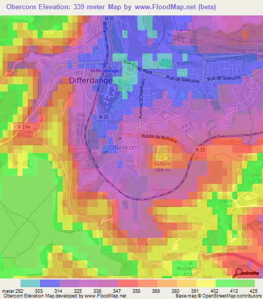 Obercorn,Luxembourg Elevation Map