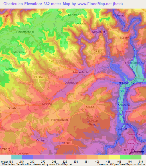 Oberfeulen,Luxembourg Elevation Map