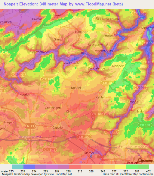 Nospelt,Luxembourg Elevation Map