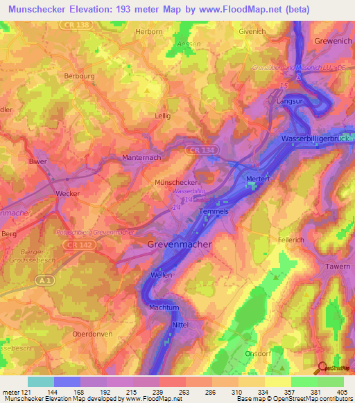 Munschecker,Luxembourg Elevation Map