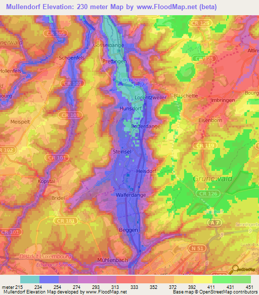 Mullendorf,Luxembourg Elevation Map