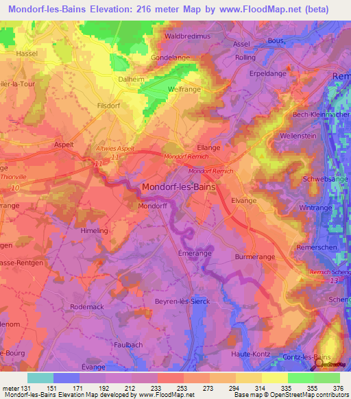 Mondorf-les-Bains,Luxembourg Elevation Map