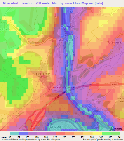 Moersdorf,Luxembourg Elevation Map