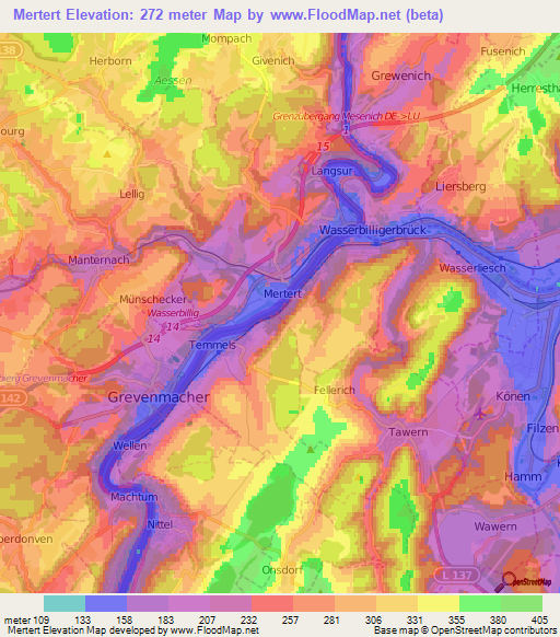 Mertert,Luxembourg Elevation Map