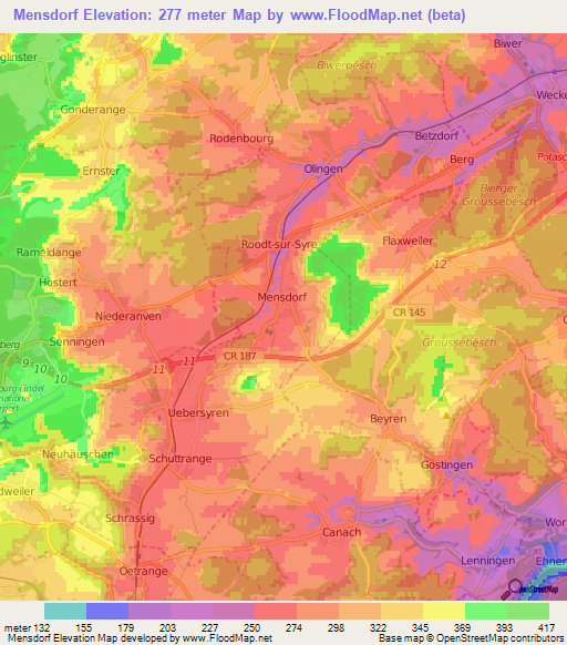 Mensdorf,Luxembourg Elevation Map