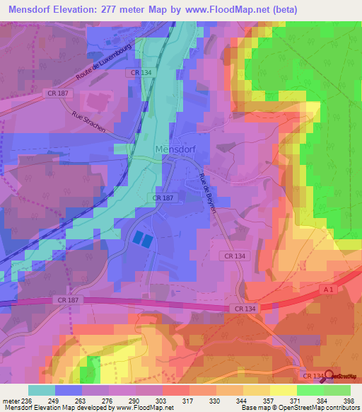 Mensdorf,Luxembourg Elevation Map