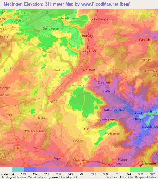 Medingen,Luxembourg Elevation Map