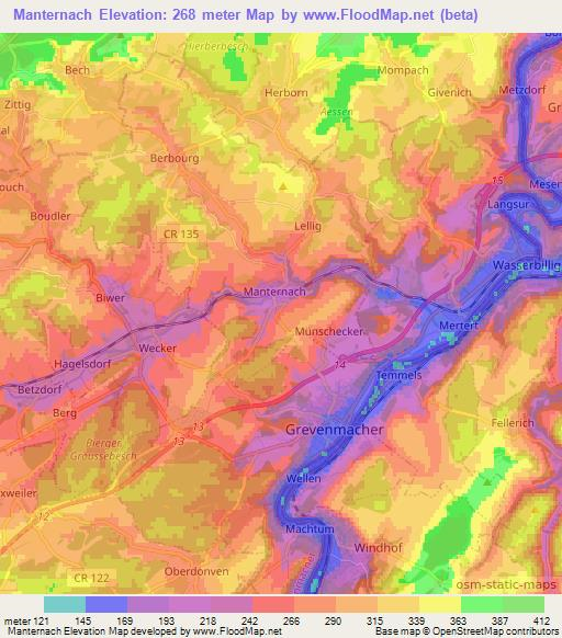 Manternach,Luxembourg Elevation Map