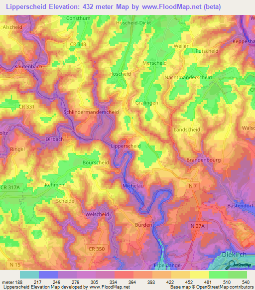 Lipperscheid,Luxembourg Elevation Map