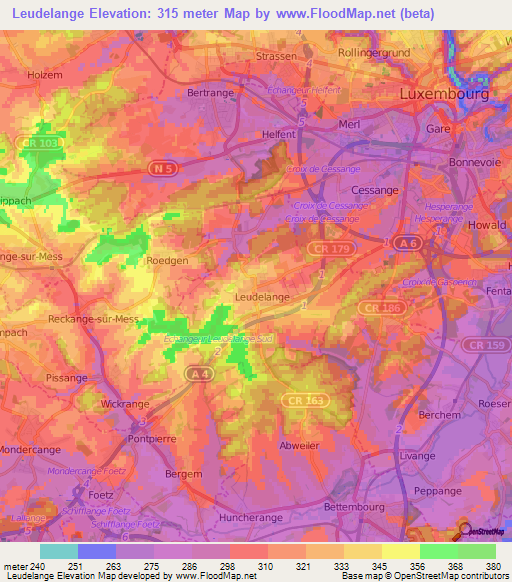Leudelange,Luxembourg Elevation Map