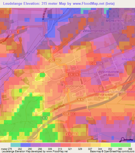 Leudelange,Luxembourg Elevation Map