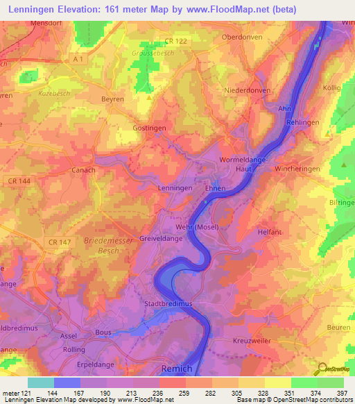 Lenningen,Luxembourg Elevation Map