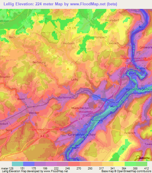 Lellig,Luxembourg Elevation Map