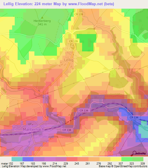 Lellig,Luxembourg Elevation Map