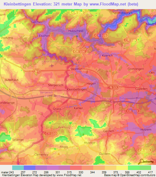 Kleinbettingen,Luxembourg Elevation Map