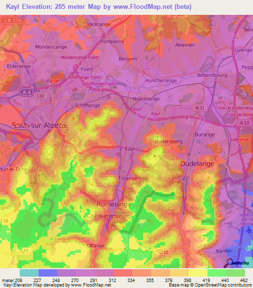 Kayl,Luxembourg Elevation Map