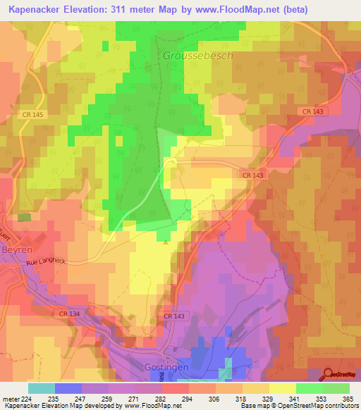 Kapenacker,Luxembourg Elevation Map