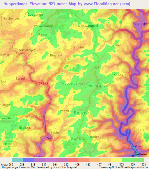 Hupperdange,Luxembourg Elevation Map