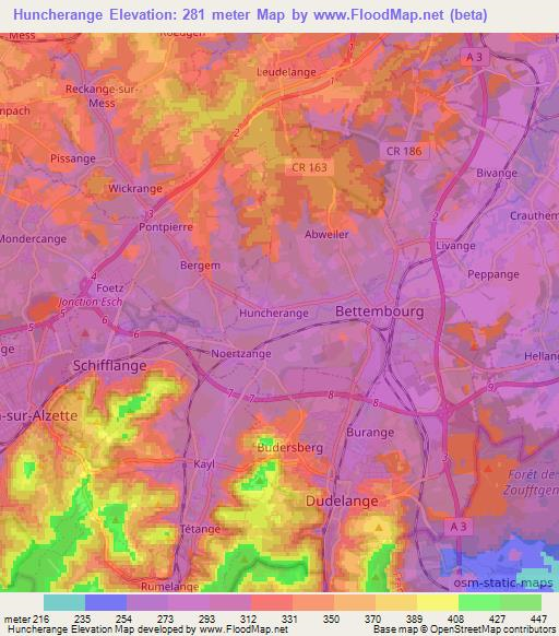 Huncherange,Luxembourg Elevation Map