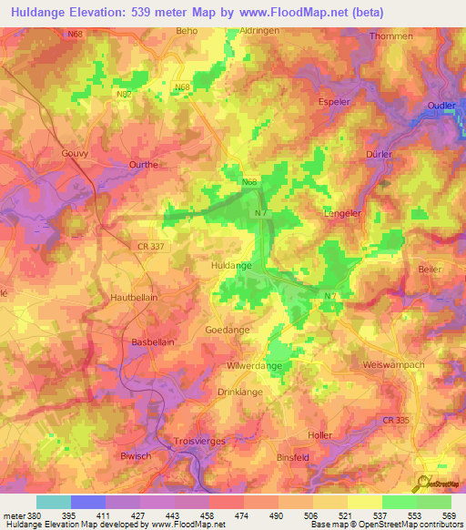 Huldange,Luxembourg Elevation Map
