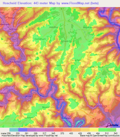 Hoscheid,Luxembourg Elevation Map