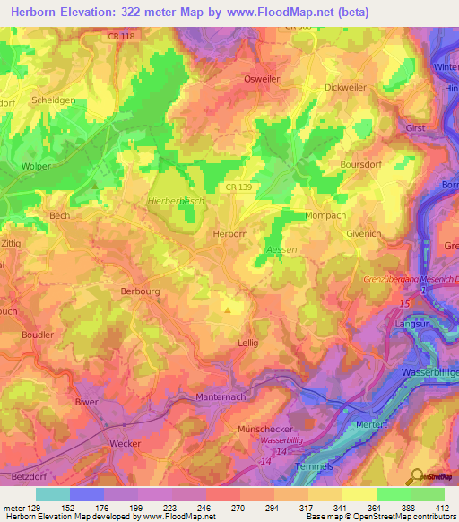 Herborn,Luxembourg Elevation Map