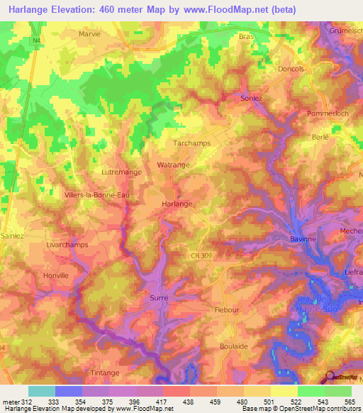 Harlange,Luxembourg Elevation Map