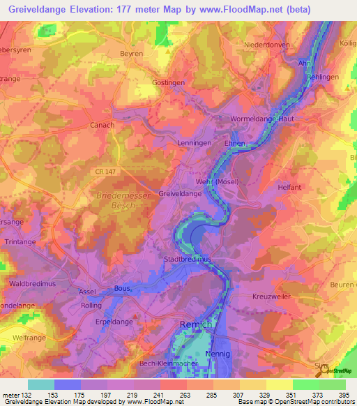 Greiveldange,Luxembourg Elevation Map