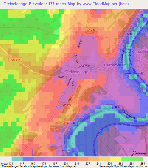 Greiveldange,Luxembourg Elevation Map