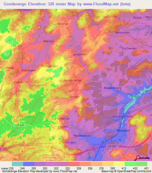 Gonderange,Luxembourg Elevation Map