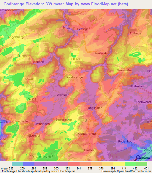 Godbrange,Luxembourg Elevation Map