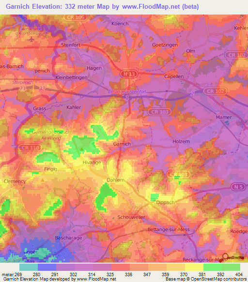 Garnich,Luxembourg Elevation Map
