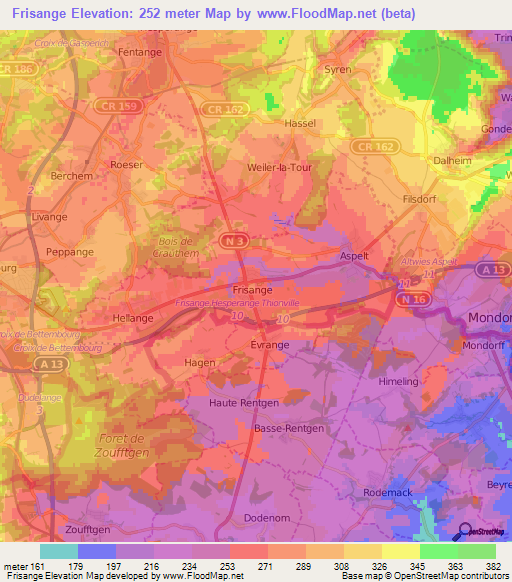 Frisange,Luxembourg Elevation Map