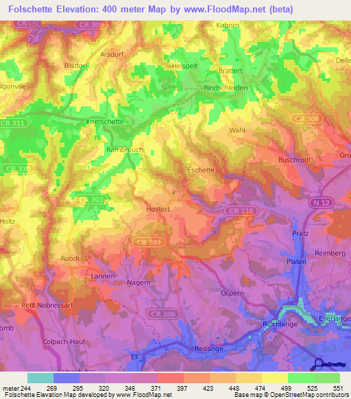 Folschette,Luxembourg Elevation Map