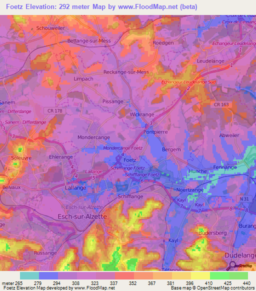 Foetz,Luxembourg Elevation Map